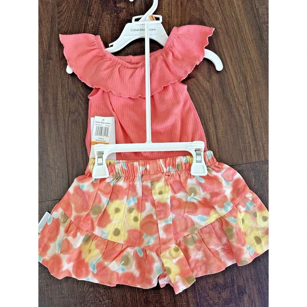 Calvin Klein Girls Elastic Edged Flutter Top & Skort Skirt, 2-PC Coral 12 Months
